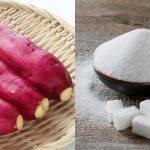 Hai nguyên liệu chính (khoai lang, đường) để làm khoai lang tím chiên đường